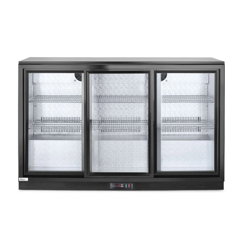 Back bar refrigerator with triple sliding doors