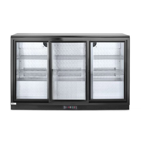 Back bar refrigerator with triple sliding doors