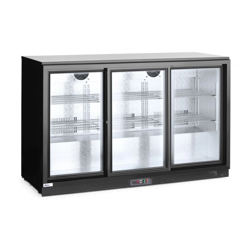 Back bar refrigerator with triple sliding doors