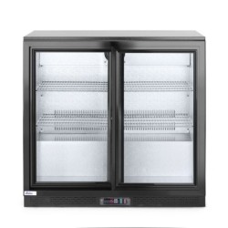 Back bar refrigerator with double sliding doors