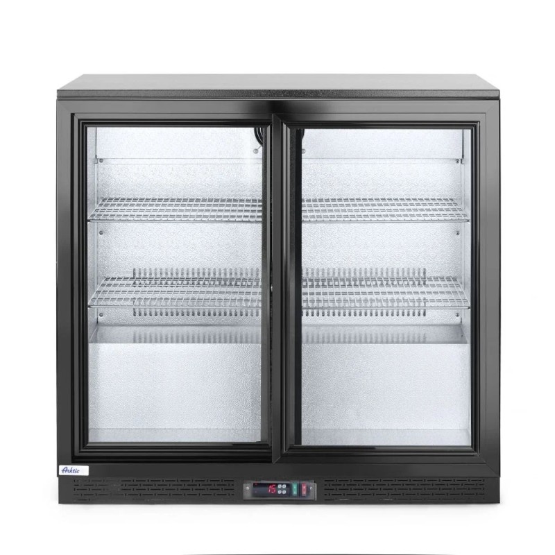 Back bar refrigerator with double sliding doors