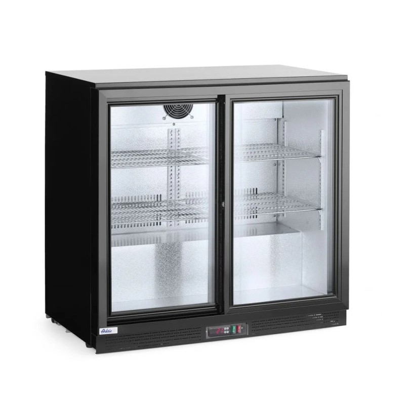 Back bar refrigerator with double sliding doors