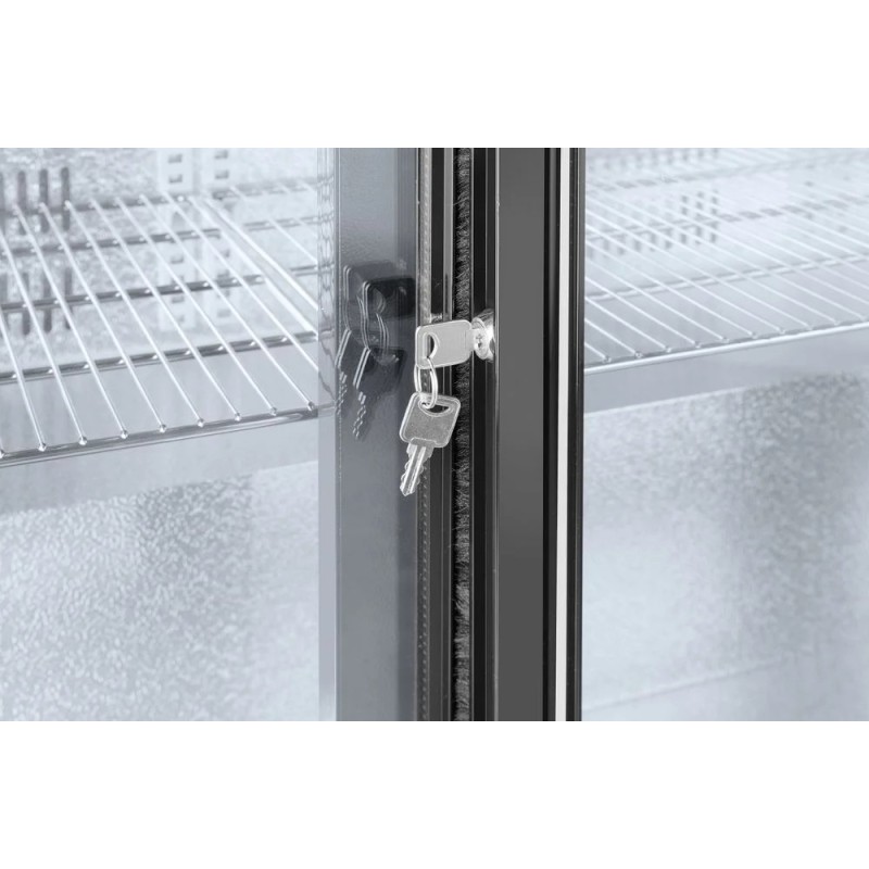 Back bar refrigerator with double sliding doors
