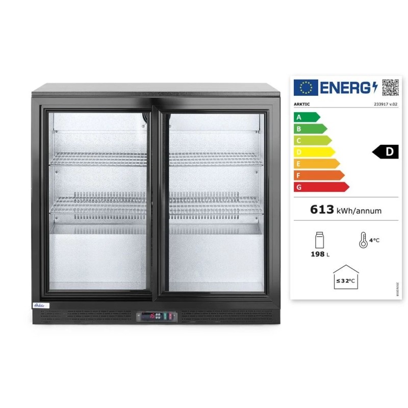 Back bar refrigerator with double sliding doors