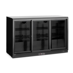 Back bar refrigerator with triple sliding doors